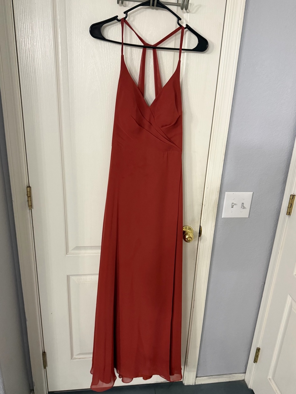Azazie A4 Rust Terracotta Chiffon Maxi Bridesmaid Dress